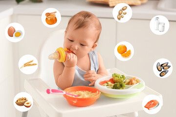 Cute little baby with tasty products in kitchen. Food allergy