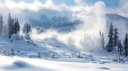 Obraz premium Serene Winter Landscape with Snow-Covered Trees and Misty Mountains