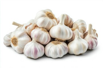 Stack of purple garlic bulbs on white background. AI generative