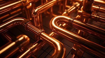 Detailed view of a network of copper pipes and connections in a complex configuration