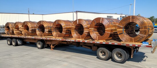 Large rolls of metal wire transported on a flatbed truck.