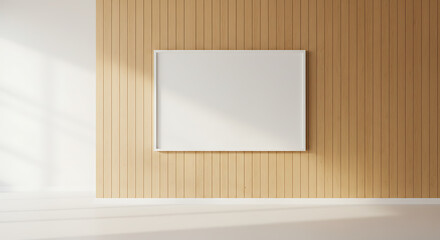 Clean minimalistic interior with an empty white frame on a light wood panel wall and sunlight shining through a window.