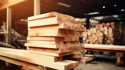 Fototapeta premium Sunlit lumber stack in industrial warehouse. AI generative