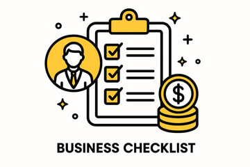 Business checklist. Modern flat line art illustration. Trendy outline vector graphic elements. Creative concept. Black and yellow colors isolated on white background