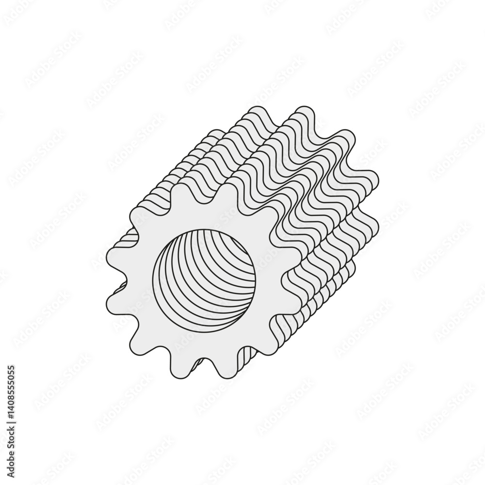 Poster isometric gear shape. wavy mechanical element. industrial outline vector. tech component symbol.