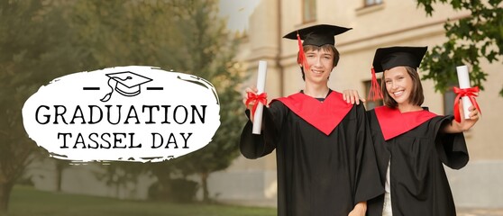 Happy students with diplomas outdoors. Banner for national Graduation Tassel Day