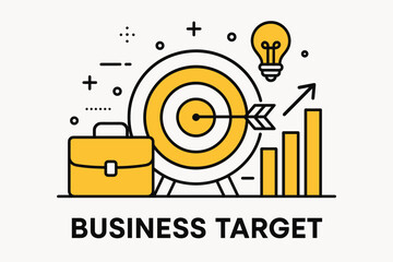 Obraz premium Business target. Modern flat line art illustration. Trendy outline vector graphic elements. Creative concept. Black and yellow colors isolated on white background