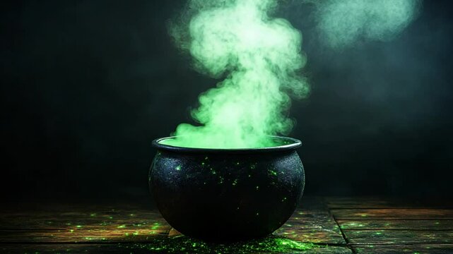 Enchanting potion bubbling in cauldron with magical green smoke on Halloween night