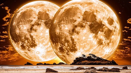 Enchanting Dual Moons Over Serene Beach Landscape at Twilight