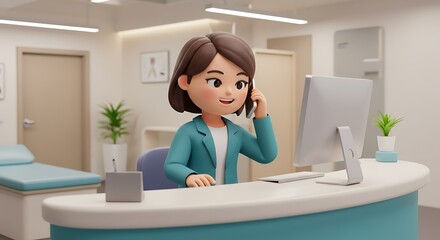 Smiling Receptionist at Modern Clinic: A Cheerful 3D Illustration