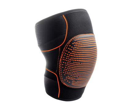 Knee pads, knee support for weight lifting or running sports protection with a linear design and orange accents on a transparent background