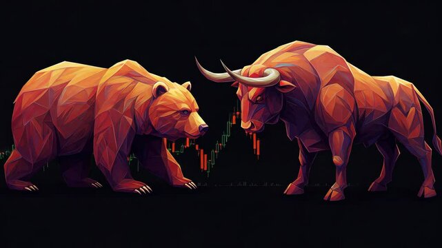 Low Poly Bear and Bull Facing Off Against Financial Chart Background