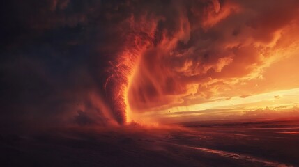 Dramatic Weather Formation with Fiery Sunset Over Tornado Clouds