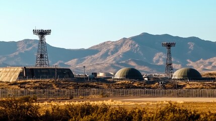 Military base with communication towers and domes in desert landscape