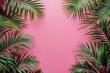 Pink Backgrounds Surrounded by Green Palm Leaves for Tropical Aesthetic