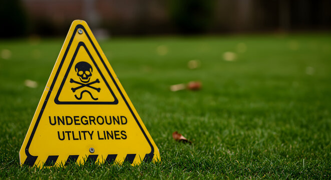 Cautionary Sign Advising Of Hidden Dangers Below In Lawn Area