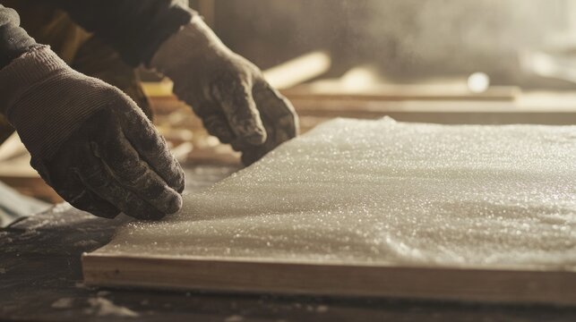 Insulation worker installing fiberglass panels in a residential home. Featuring energy efficiency and safety