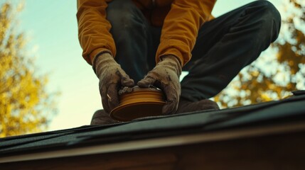 Roofer replacing a damaged chimney cap. Featuring skill and attention to detail