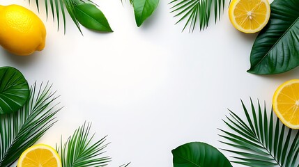 Fresh Citrus and Tropical Leaves Frame on Clean Background