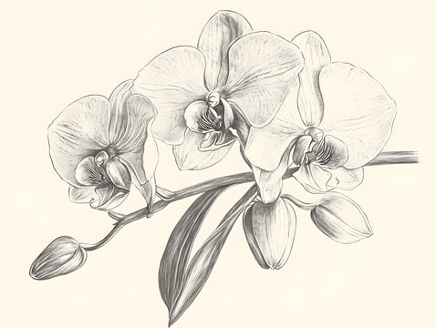 Elegant Orchid Sketch Blooming Flowers and Buds Botanical Drawing