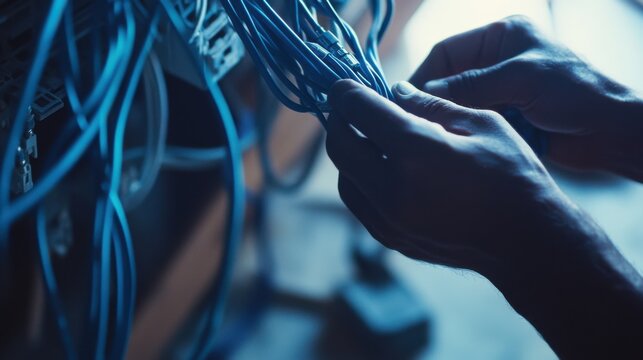 A construction worker installing electrical wiring in a new building. Featuring technical expertise and wiring installation