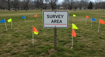 Survey Area Marked By Colorful Flags In A Public Park Landscape