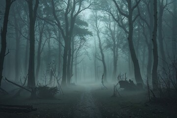 Obraz premium Eerie Foggy Forest Landscape with Abandoned Area