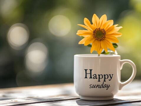 Happy Sunday Mug with Yellow Flower Cheerful Morning Coffee Image