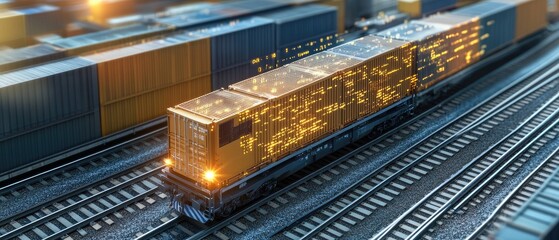 Modern freight train with cargo containers on railway tracks.