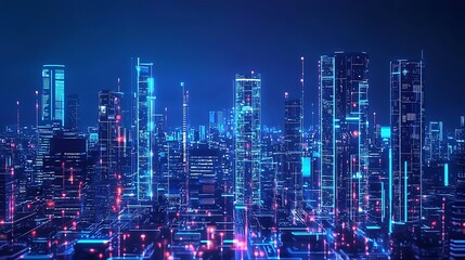 Obraz premium Futuristic Cityscape with Neon Lights and Digital Elements at Night