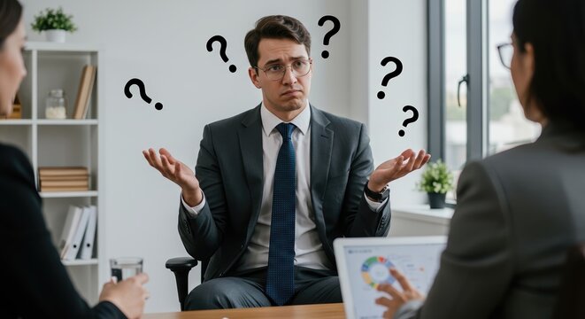 Confused businessman expressing uncertainty during a meeting in an office  