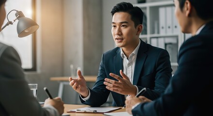 Professional man engaging in discussion during business meeting  