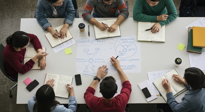 Diverse group brainstorming ideas in a collaborative workspace  
