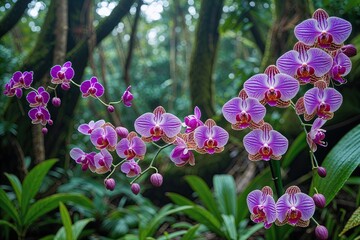 Obraz premium Orchids Flourishing in a Lush Forest Canopy with Vibrant Blooms