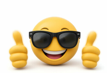 3D rendered cool emoji wearing black sunglasses and giving two thumbs up. Yellow smiley face with wide open mouth and cheerful expression, representing approval, confidence, or positivity.
