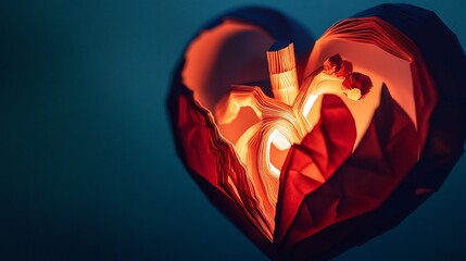 Illuminated paper heart, creative love concept with folded papers and warm lighting, representing affection and artistic expression