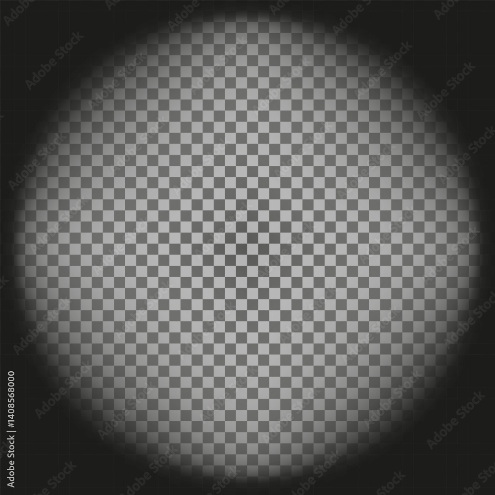 Poster uniform circular glow. transparent soft light. checkerboard overlay vector. radiant spotlight shape.