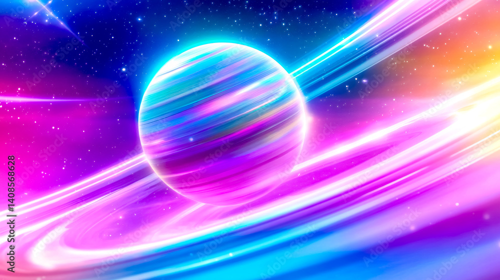 Wall mural glowing planet with colorful rings rotating in deep space
