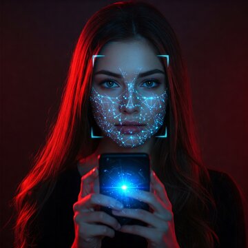 young woman using a flashing smart phone face with biometrics marks