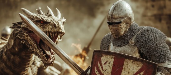 A knight faces a fearsome dragon in a dramatic confrontation