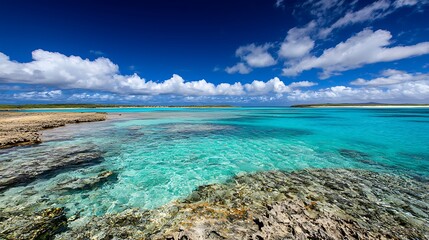 Obraz premium Tropical Paradise with Clear Blue Waters and Rocky Shoreline