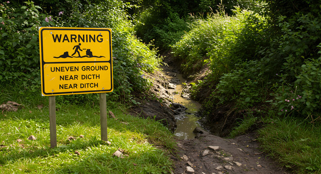 Cautionary Sign By A Muddy Stream Warns Of Uneven Ground Near Ditches