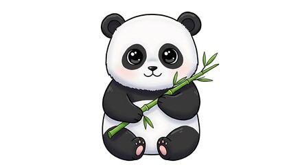 Obraz premium Round cartoon panda holding a bamboo stick with sparkly eyes, white background