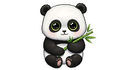 Obraz premium Round cartoon panda holding a bamboo stick with sparkly eyes, white background
