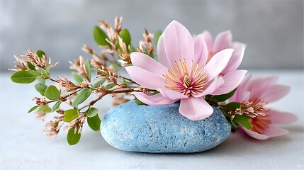 Serene Magnolia Petals Resting Gracefully on Smooth Stone in Tranquil Setting