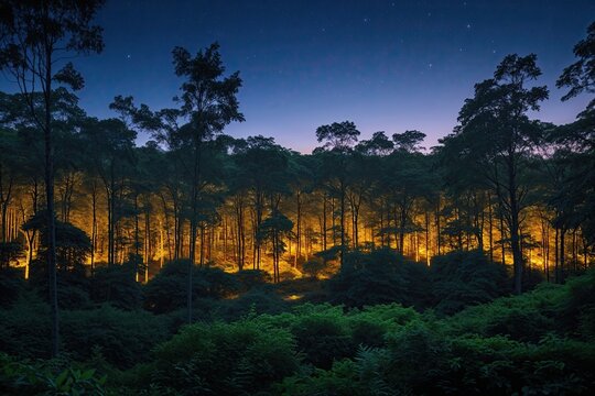 Tranquil Twilight Forest Canopy with Luminous Foliage