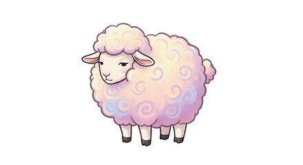 Obraz premium Tiny cartoon sheep with swirly wool and sleepy eyes, white backdrop