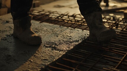 Fototapeta premium A construction worker laying down a concrete floor foundation. Featuring precision and technique