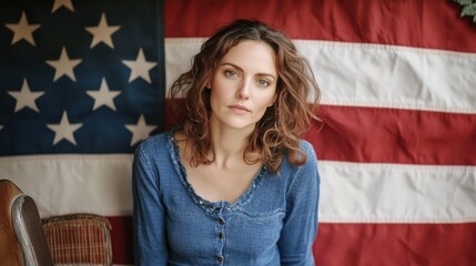 Young woman posing in front of american flag celebrating independence day