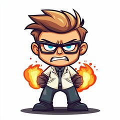 Angry Cartoon Scientist with Fire Powers: Intense Character Illustration